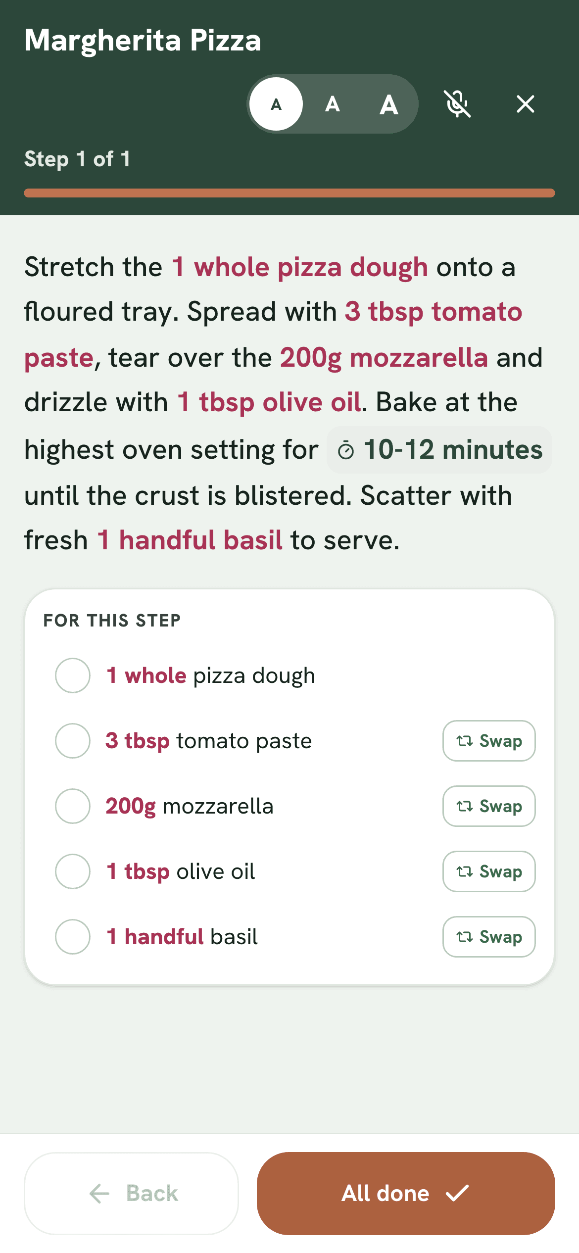 Cook mode, showing one recipe step at a time with just the ingredients that step needs