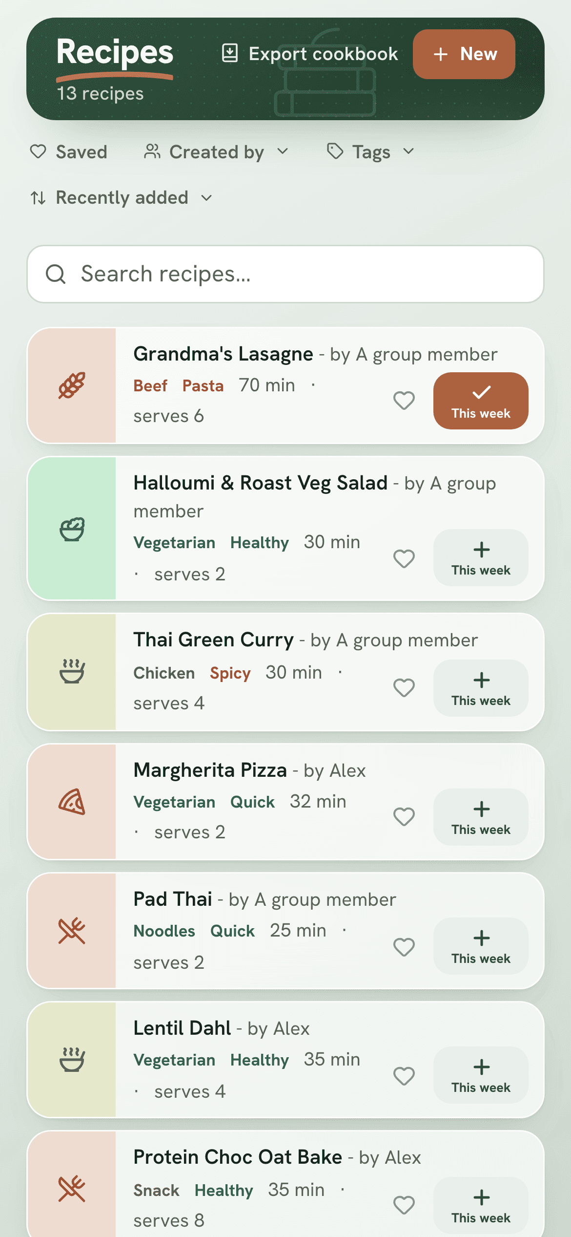 The Recipes screen, showing a cookbook of recipe cards