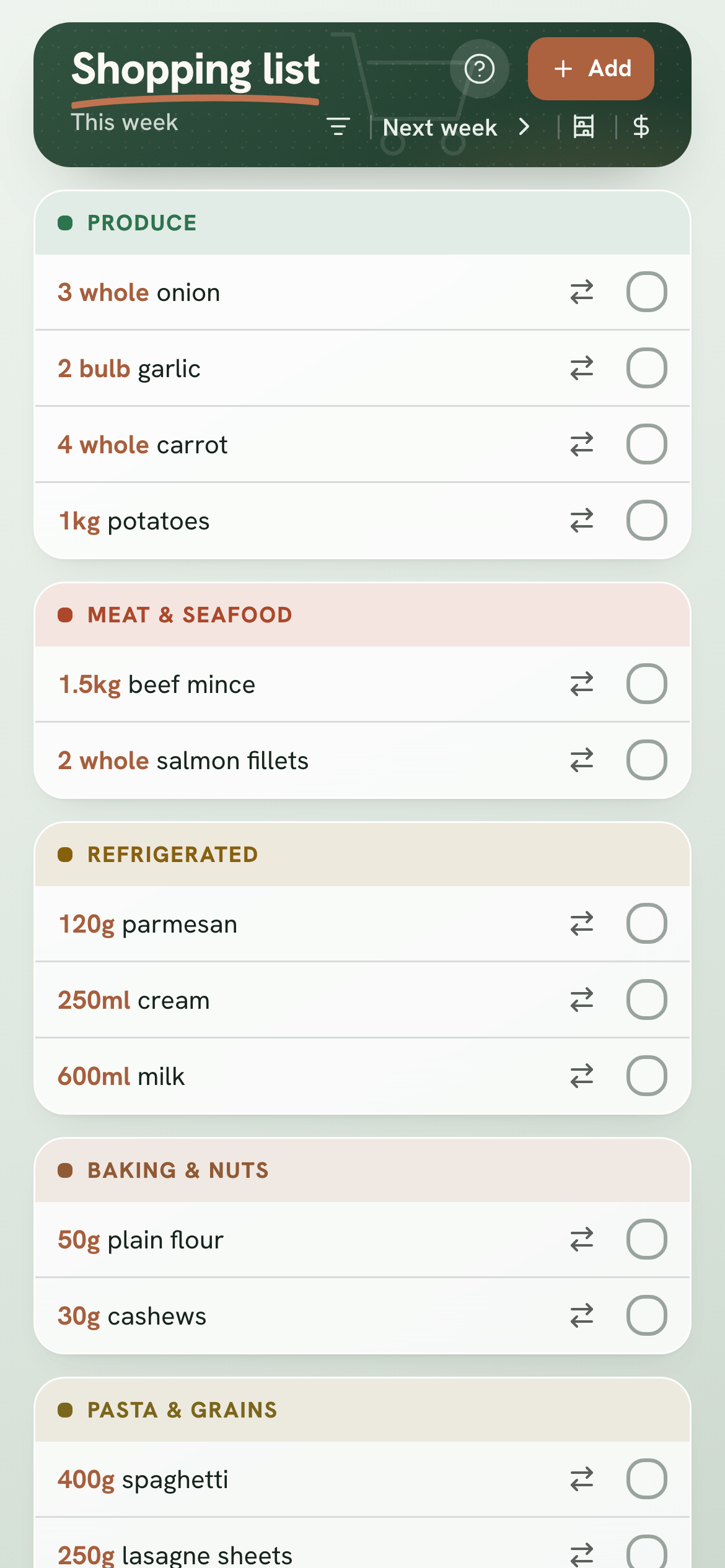 The shopping list, with ingredients grouped by supermarket aisle