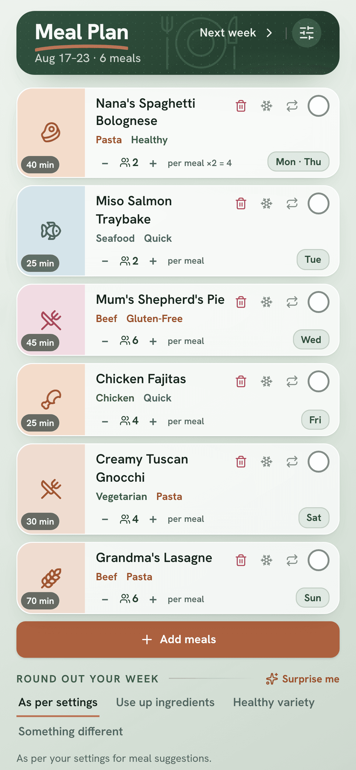 The This Week screen, showing the week's dinners planned day by day
